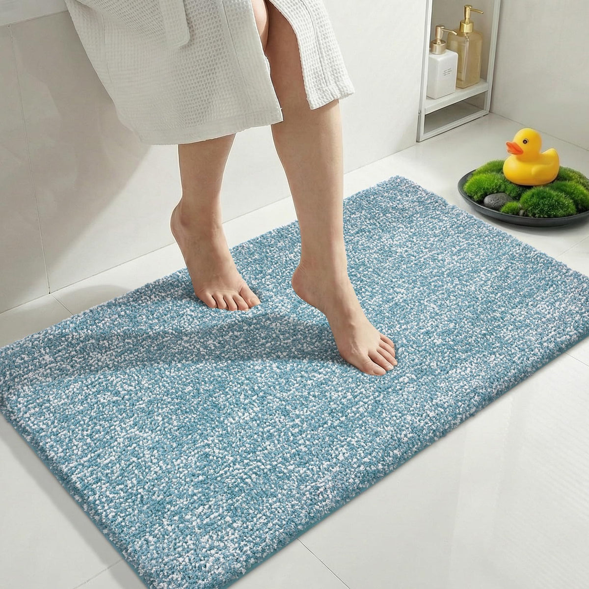 Yimobra Non Slip Machine Washable Bathroom Rug 32x20 Light Blue and White