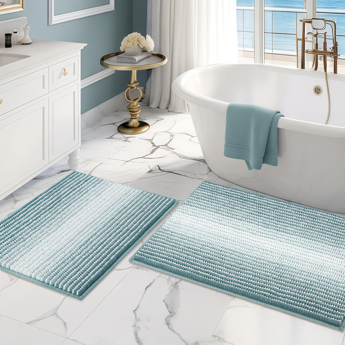 BSICPRO Large Chenille Bathroom Rugs Runner, 20x47 Striped Bath Mats, Beige