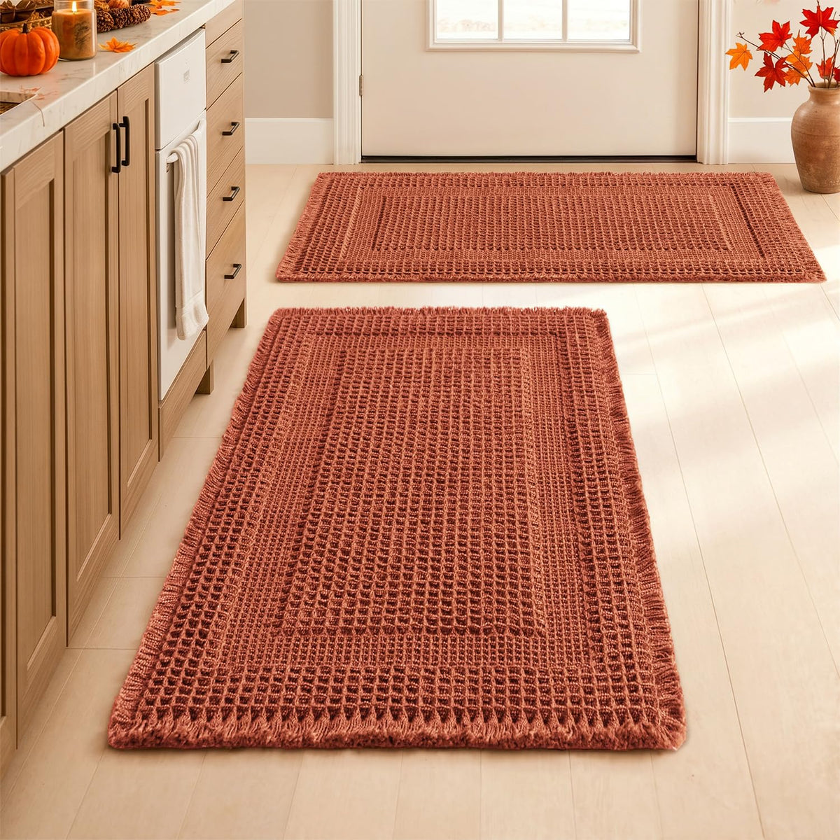 MIULEE Set of 2 Waffle Bathroom Rugs Brown&Cream Boho Bath Mat 17x24+18x30
