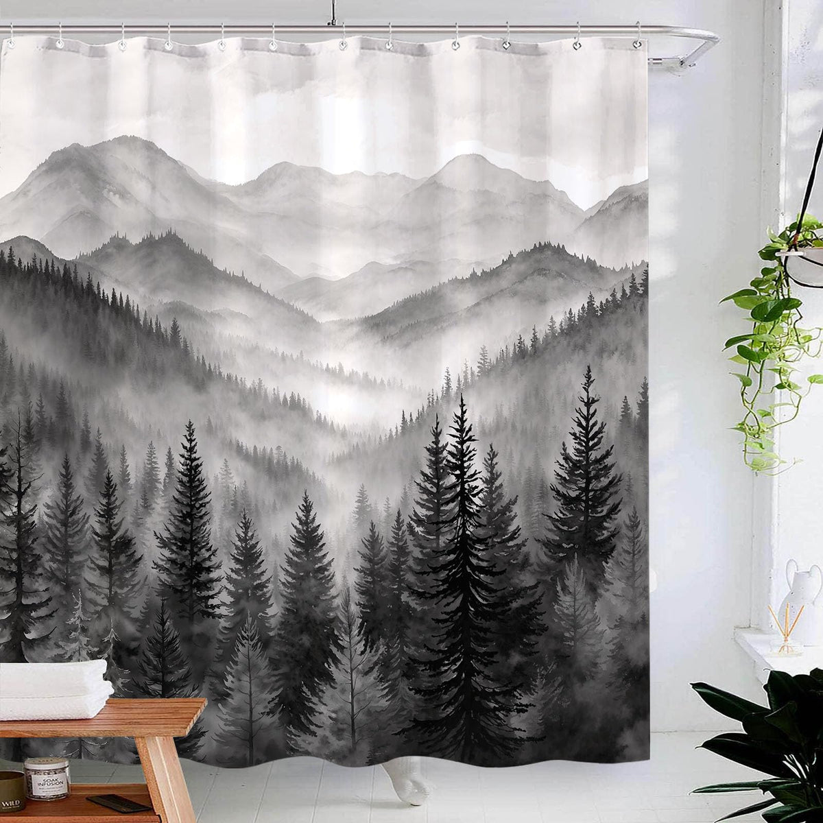 Accnicc Forest Mountain Shower Curtain Dark Green Nature Misty Pine Tree Shower Curtains for Bathroom Foggy Rustic Woodland Decorative Waterproof Fabric Bath Curtain Decor 72×72 Inches