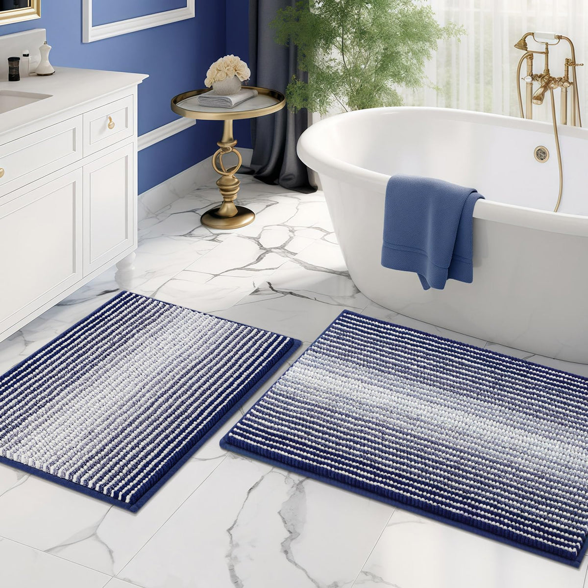 BSICPRO Large Chenille Bathroom Rugs Runner, 20x47 Striped Bath Mats, Beige