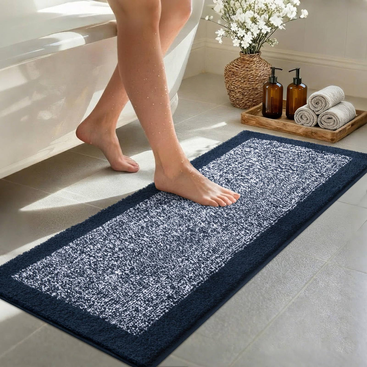 48x24 Long Bathroom Rugs Non Slip Washable, Soft Absorbent Bath Mat Blue