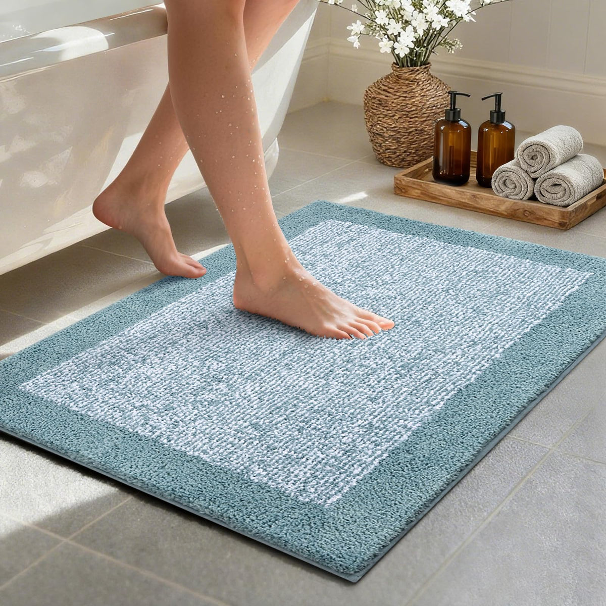 48x24 Long Bathroom Rugs Non Slip Washable, Soft Absorbent Bath Mat Blue