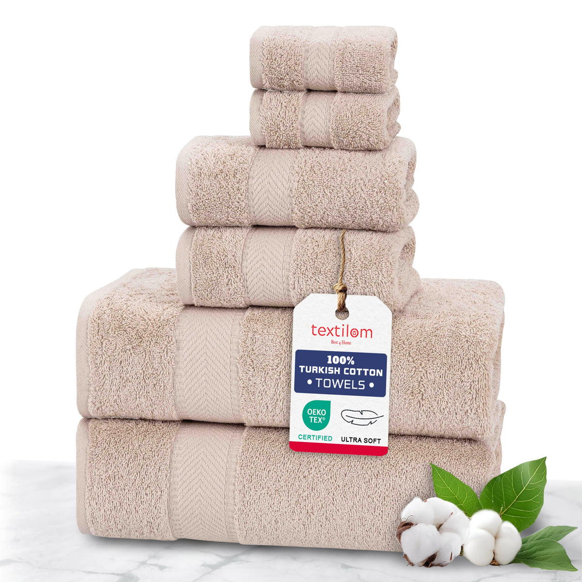 TEXTILOM 100% Turkish Cotton 6 Pcs Luxury Bath Towel Set, Soft & Absorbent Towels for Bathroom (2 Bath Towels, 2 Hand Towel, 2 Washcloths) - Aqua