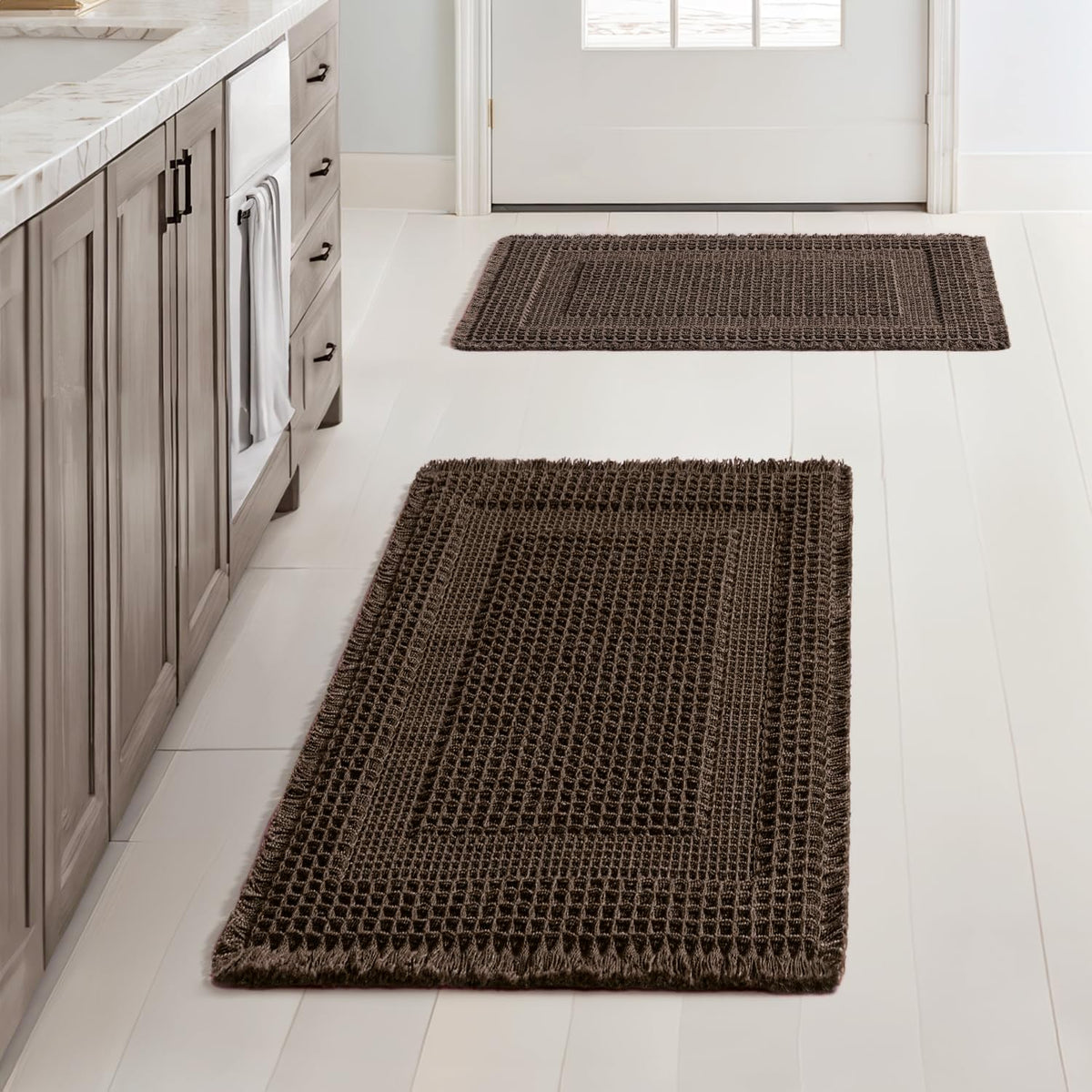 MIULEE Set of 2 Waffle Bathroom Rugs Brown&Cream Boho Bath Mat 17x24+18x30