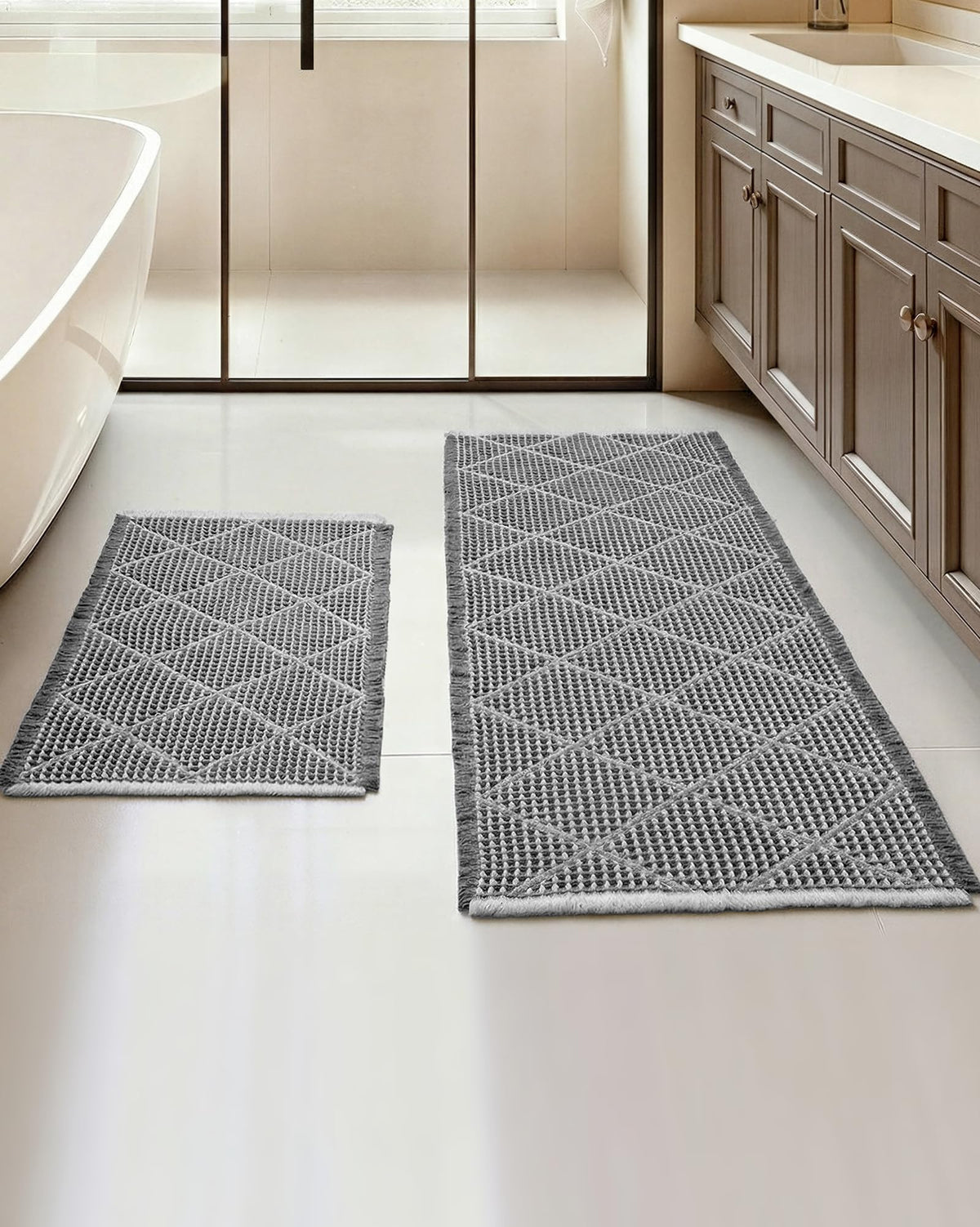 Furicher Waffle Bath Mat Set, Non Slip Bathroom Rugs 2 Piece, Brown & White