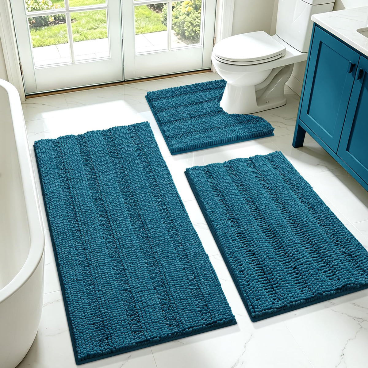 ACCUMTEK Christmas Striped Pink Bathroom Rug Set 3 Pieces Ultra Soft, Non Slip Chenille Toilet Mat, Absorbent Plush Shaggy Bath Mats for Bathroom, Bedroom, Kitchen