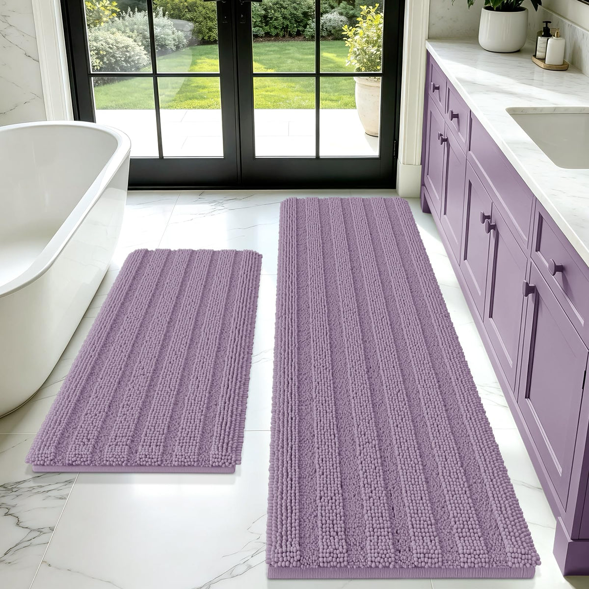 ACCUMTEK Christmas Striped Pink Bathroom Rug Set 3 Pieces Ultra Soft, Non Slip Chenille Toilet Mat, Absorbent Plush Shaggy Bath Mats for Bathroom, Bedroom, Kitchen