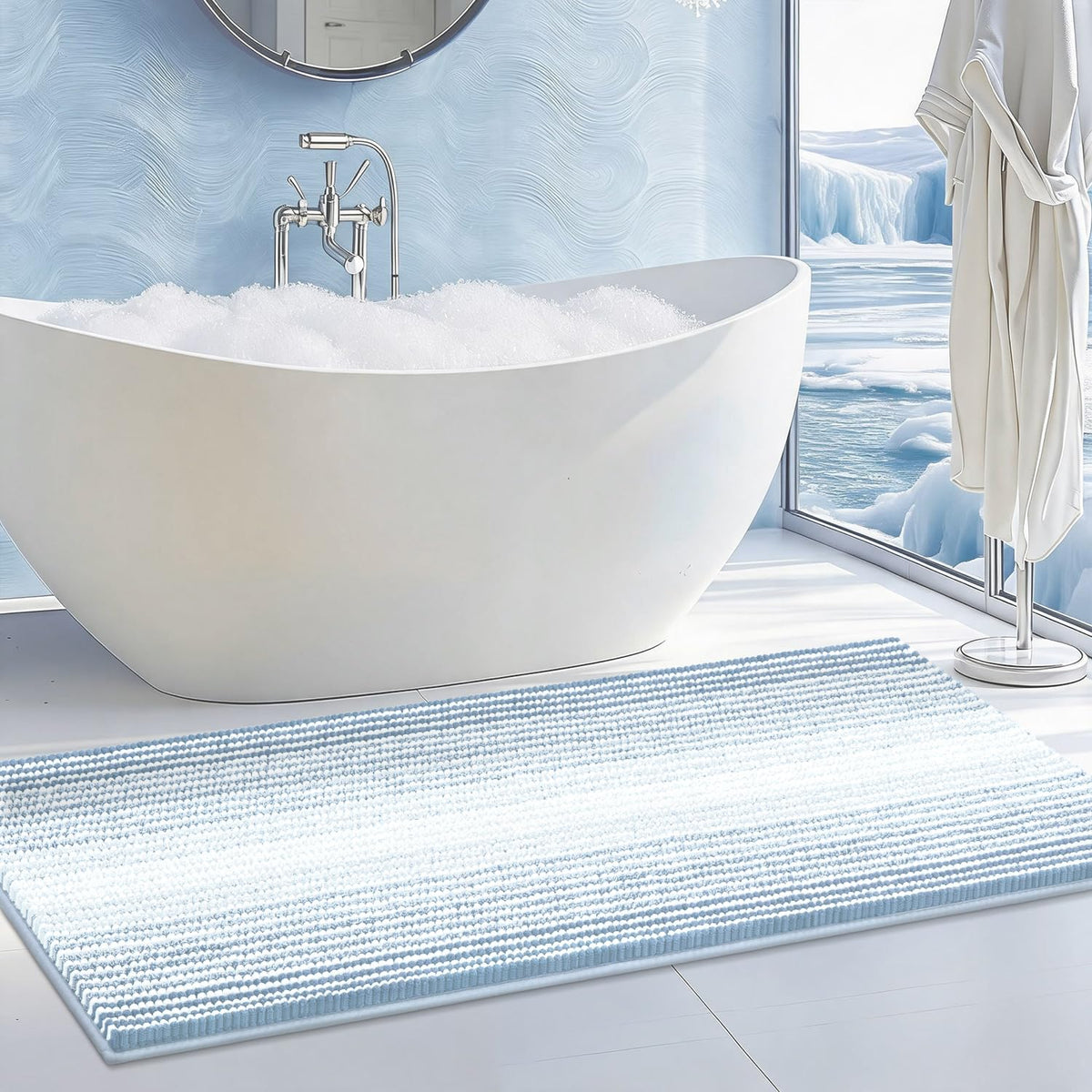 BSICPRO Large Chenille Bathroom Rugs Runner, 20x47 Striped Bath Mats, Beige