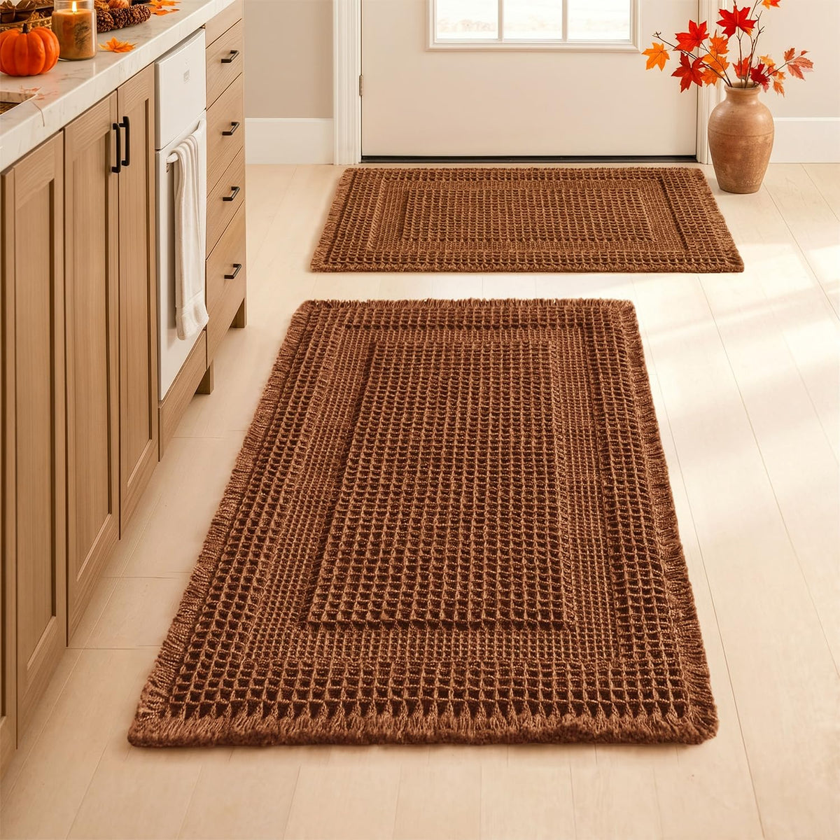 MIULEE Set of 2 Waffle Bathroom Rugs Brown&Cream Boho Bath Mat 17x24+18x30