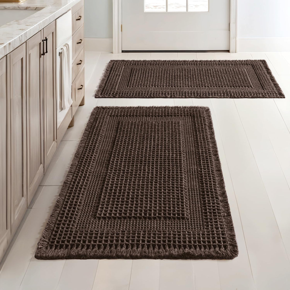 MIULEE Set of 2 Waffle Bathroom Rugs Brown&Cream Boho Bath Mat 17x24+18x30