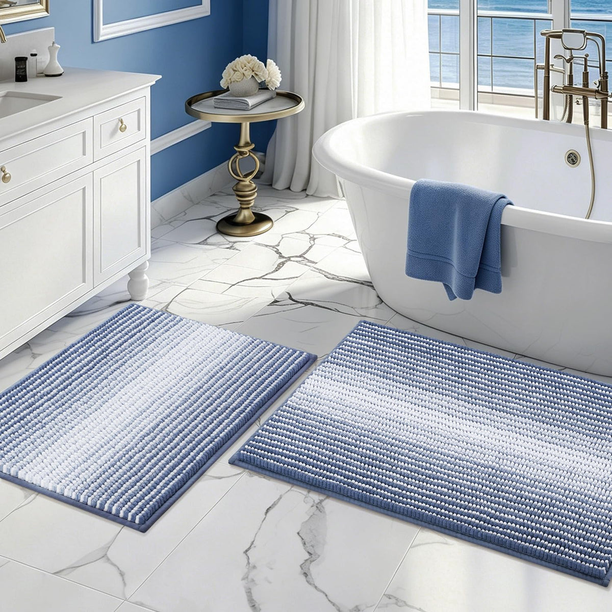 BSICPRO Large Chenille Bathroom Rugs Runner, 20x47 Striped Bath Mats, Beige