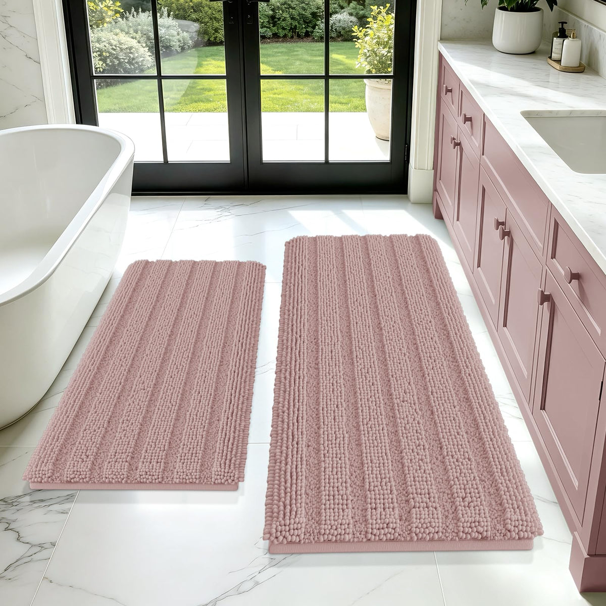 ACCUMTEK Christmas Striped Pink Bathroom Rug Set 3 Pieces Ultra Soft, Non Slip Chenille Toilet Mat, Absorbent Plush Shaggy Bath Mats for Bathroom, Bedroom, Kitchen