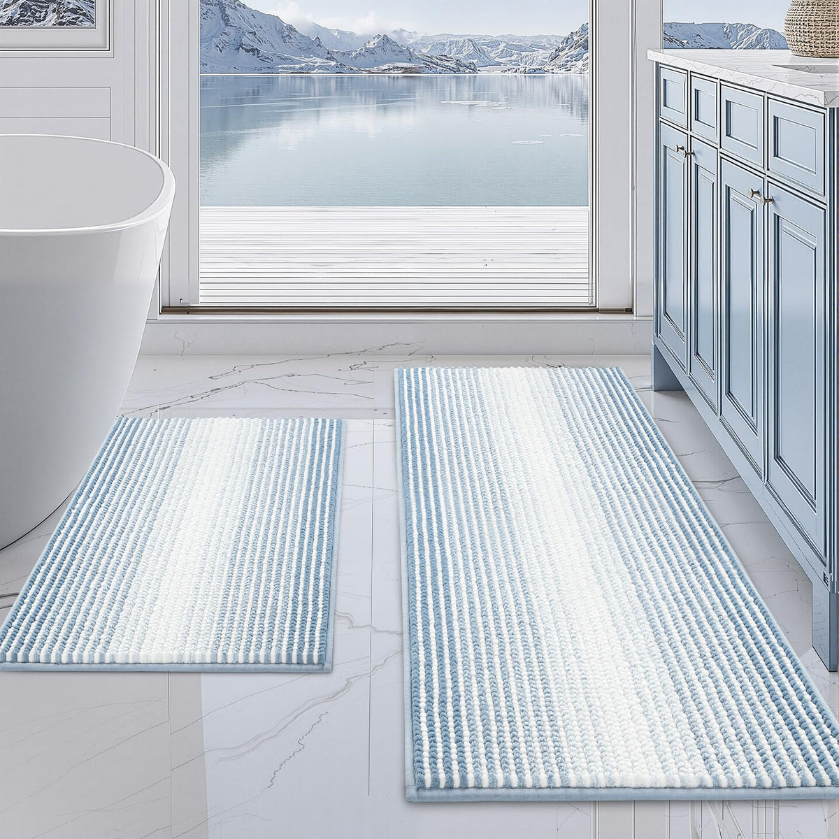 BSICPRO Large Chenille Bathroom Rugs Runner, 20x47 Striped Bath Mats, Beige