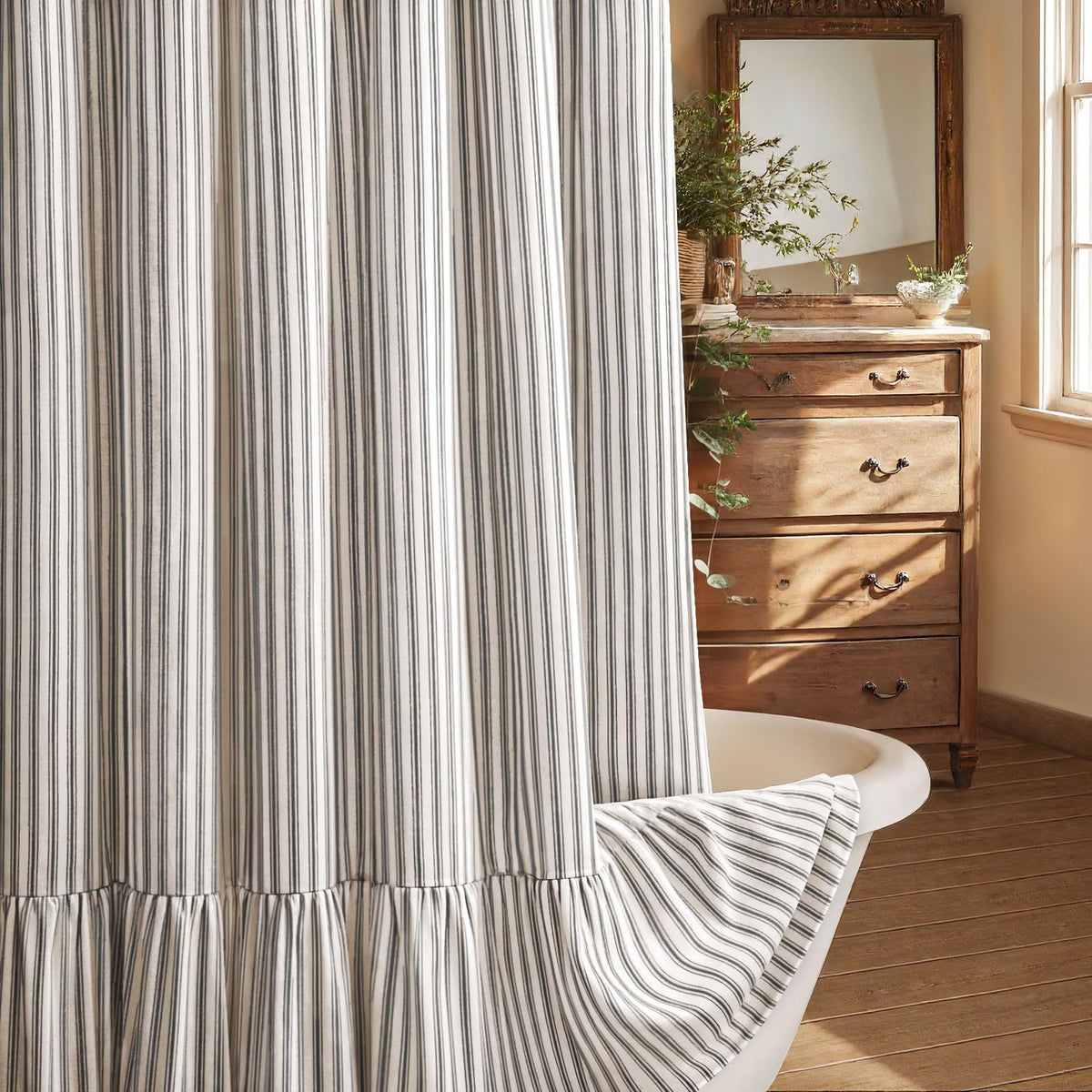 Farmhouse Shower Curtain Ruffle Linen Beige 72" W x 72" L