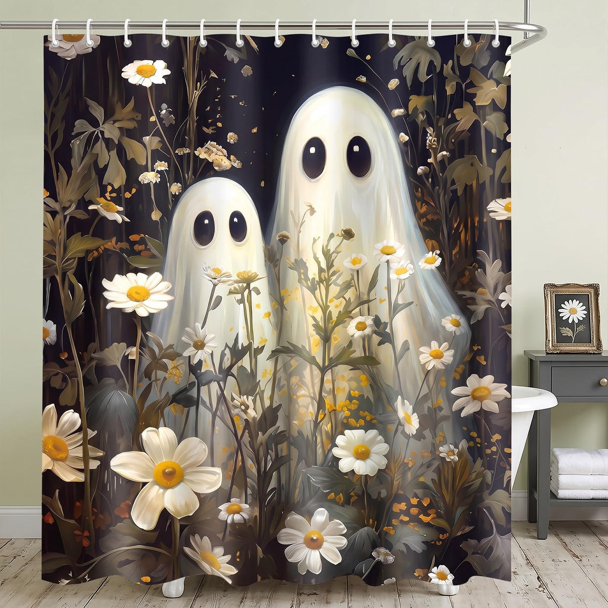 Halloween Shower Curtain 71x71in, Ghost Floral Bath Bathroom Decor
