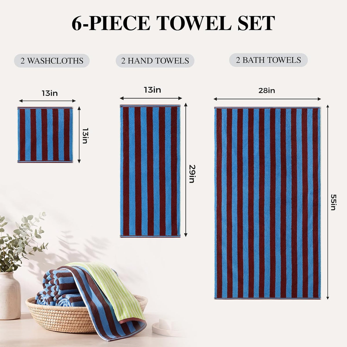 ecolook Reversible Striped Towel Set of 6, Soft 100% Cotton, Blue & Green