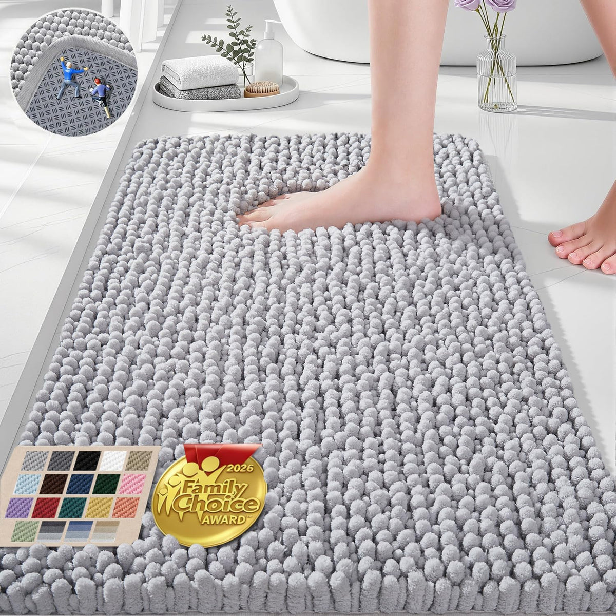 Ophanie Grey Bathroom Rugs 30x20, Soft Chenille Bath Mat, Non Slip Absorbent Quick Dry Light Gray Mats, Machine Washable Thick Small Area Rug Sets,Grip Bathmat for Shower,Toilet,Sink and Indoor Floor
