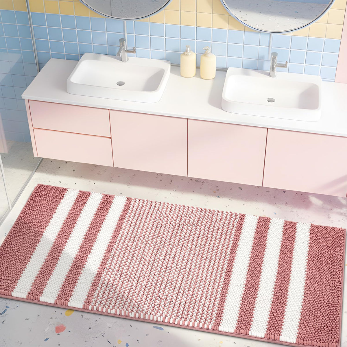 BSICPRO Large Chenille Bathroom Rugs Runner, 20x47 Striped Bath Mats, Beige