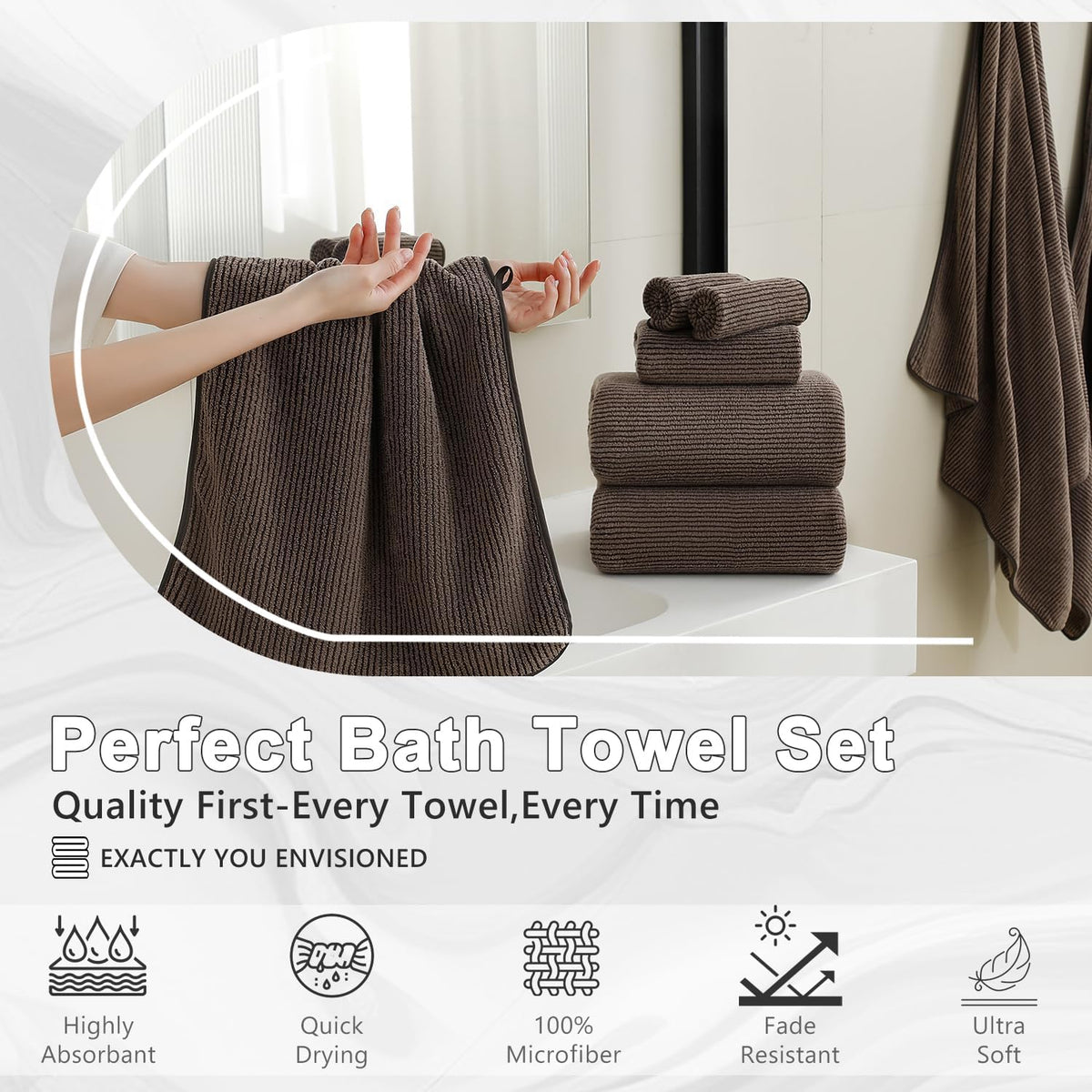 8-Piece Premium Towel Set for Bathroom|2 Oversized Large Bath Sheet,2 Hand Towels,4 Washcloths|Soft Cozy Highly Absorbent Fast Dry Microfiber Shower Towel Set for Hotel Bathroom Essentials,Dark Brown