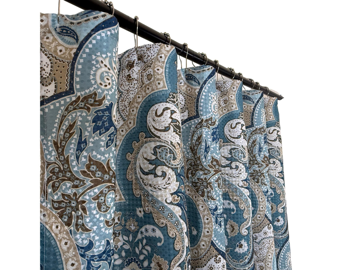 Blue Floral Fabric Shower Curtain Farmhouse Border Design for Bath 72x72