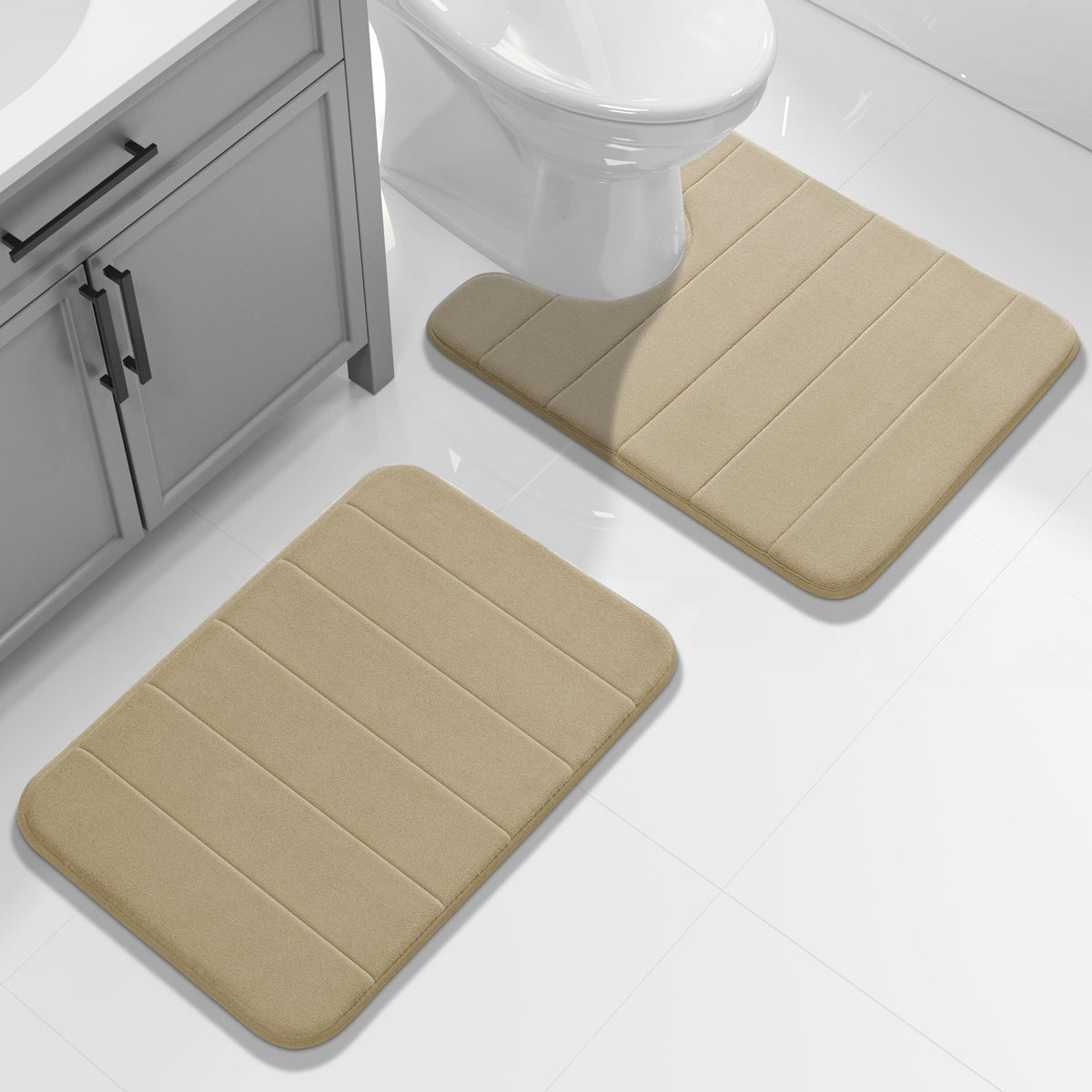 Yimobra Memory Foam Bathroom Rugs Sets 2 Piece - Super Soft Absorbent Quick Dry Bath Mat Set, Machine Washable Non Slip Floor Carpet for Tub Shower & Single Sink (17x24 & 31.5x20 Inch, Gray)