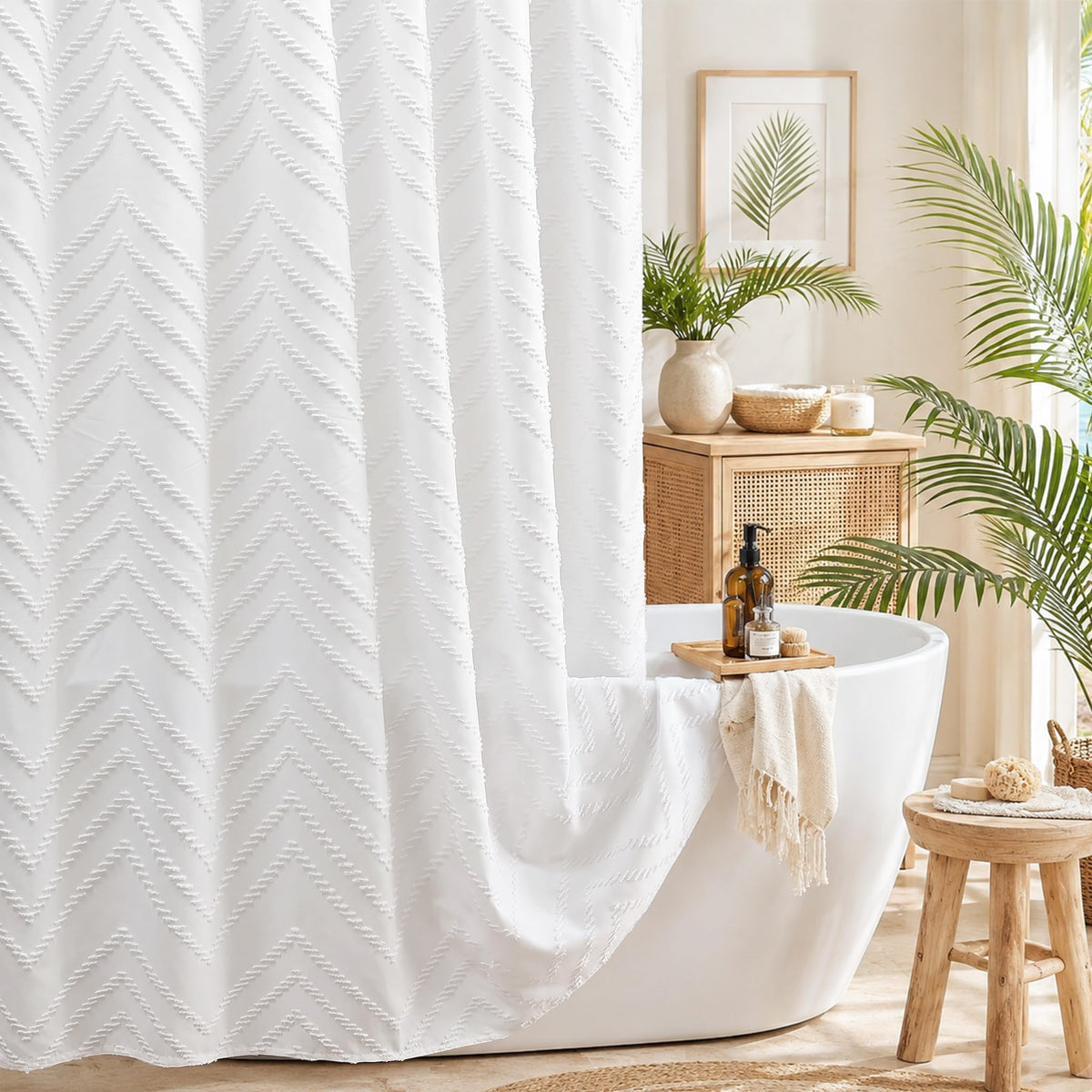 White Boho Fabric Shower Curtain 72 x 84 Inches