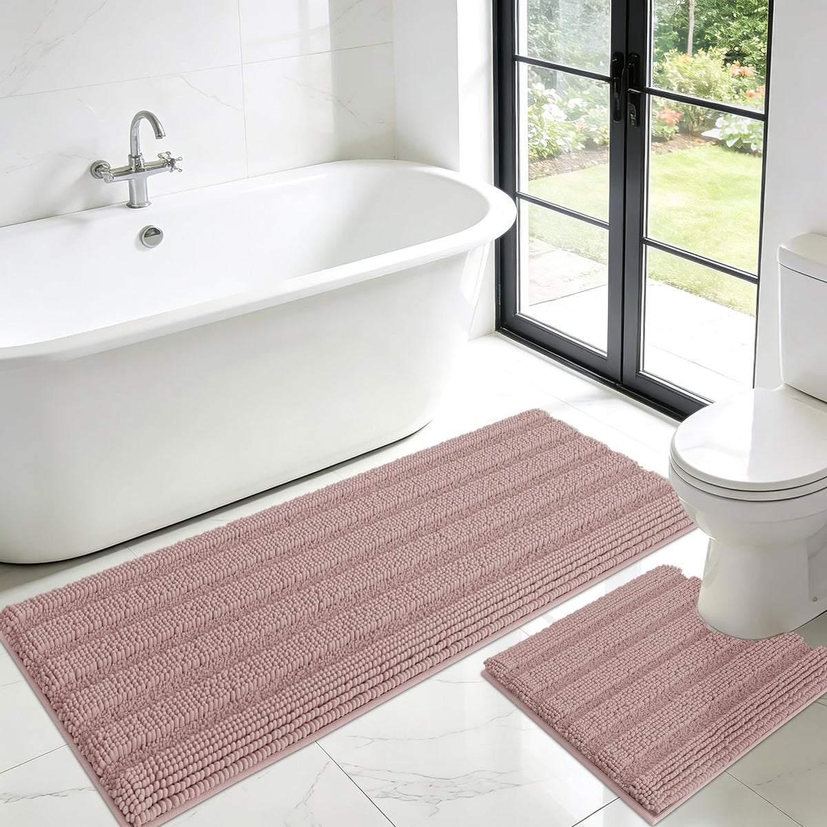 ACCUMTEK Christmas Striped Pink Bathroom Rug Set 3 Pieces Ultra Soft, Non Slip Chenille Toilet Mat, Absorbent Plush Shaggy Bath Mats for Bathroom, Bedroom, Kitchen
