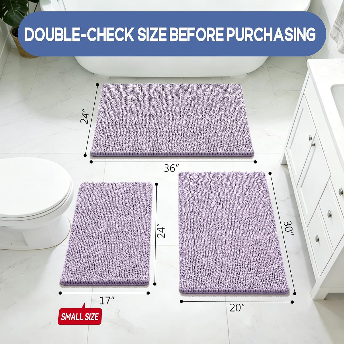Bcoimo Small Bath Rug Mat,24x17 Extra Soft Chenille Lavender Bathroom Mats