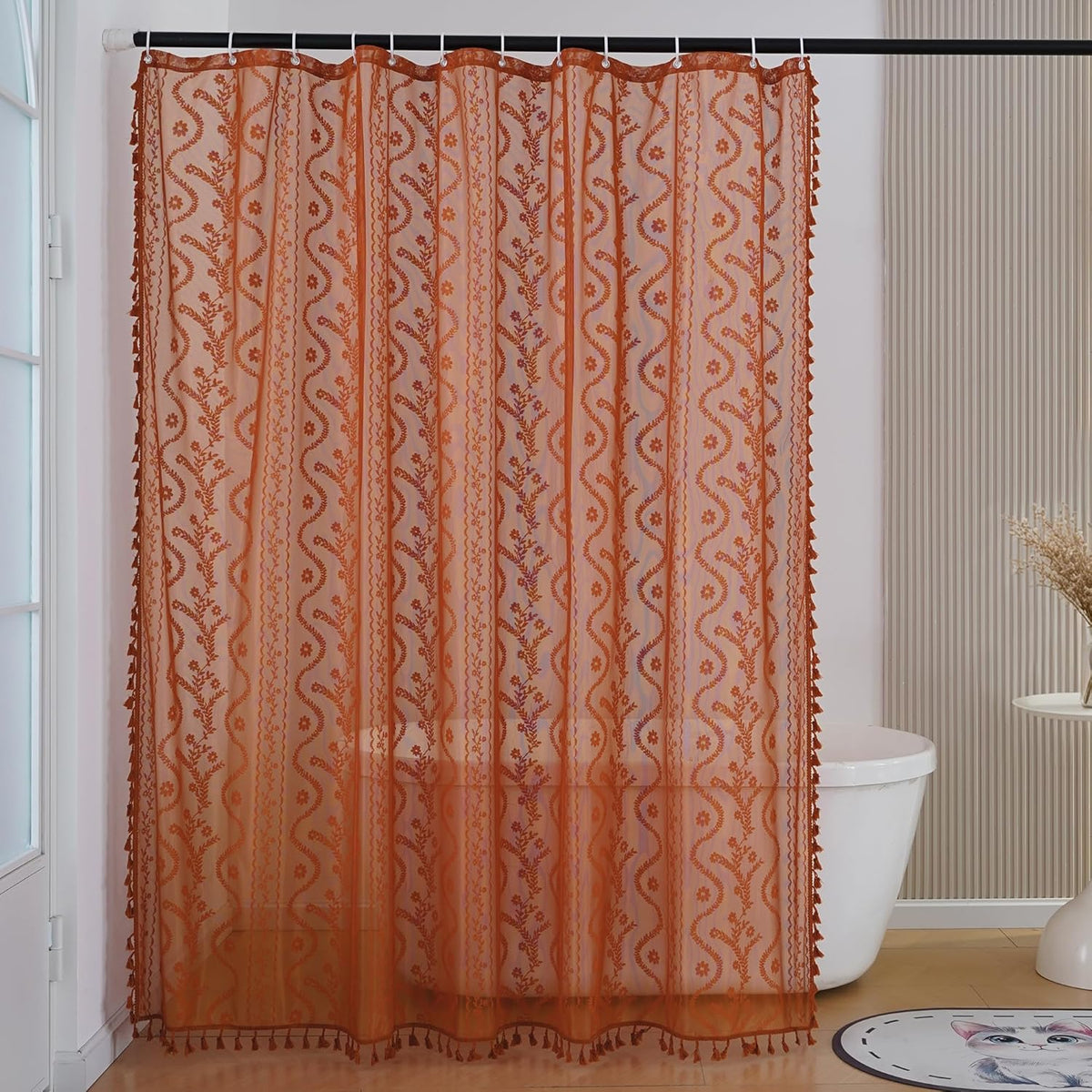 WAZZIO Terracotta Lace Shower Curtain,Boho Chic Fall Color,72 x 72 in