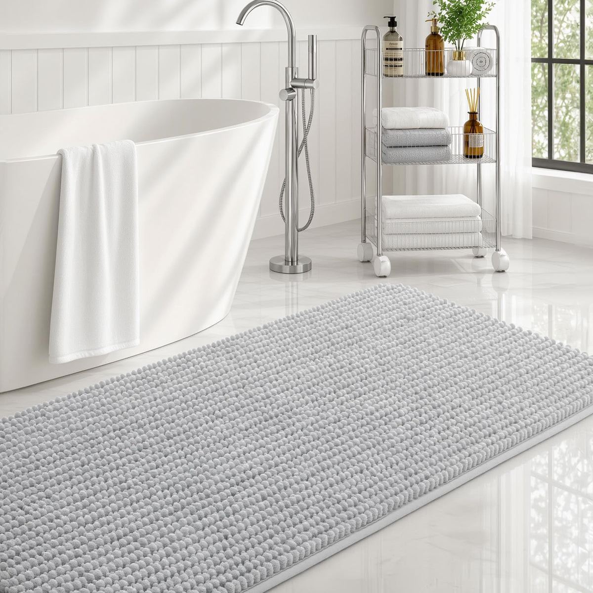 Ophanie Grey Bathroom Rugs 30x20, Soft Chenille Bath Mat, Non Slip Absorbent Quick Dry Light Gray Mats, Machine Washable Thick Small Area Rug Sets,Grip Bathmat for Shower,Toilet,Sink and Indoor Floor