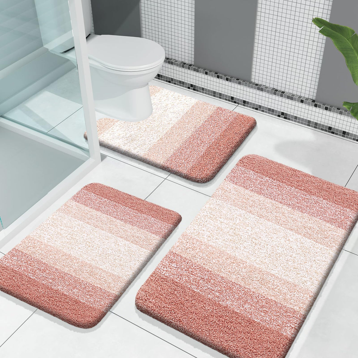 OLANLY Microfiber Bathroom Rugs Sets 3 Piece, Absorbent Bath Mats, Grey