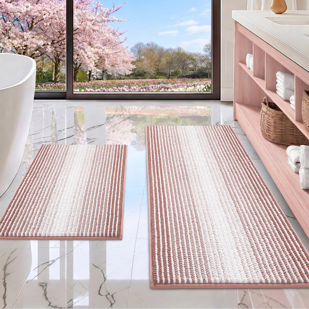 BSICPRO Large Chenille Bathroom Rugs Runner, 20x47 Striped Bath Mats, Beige