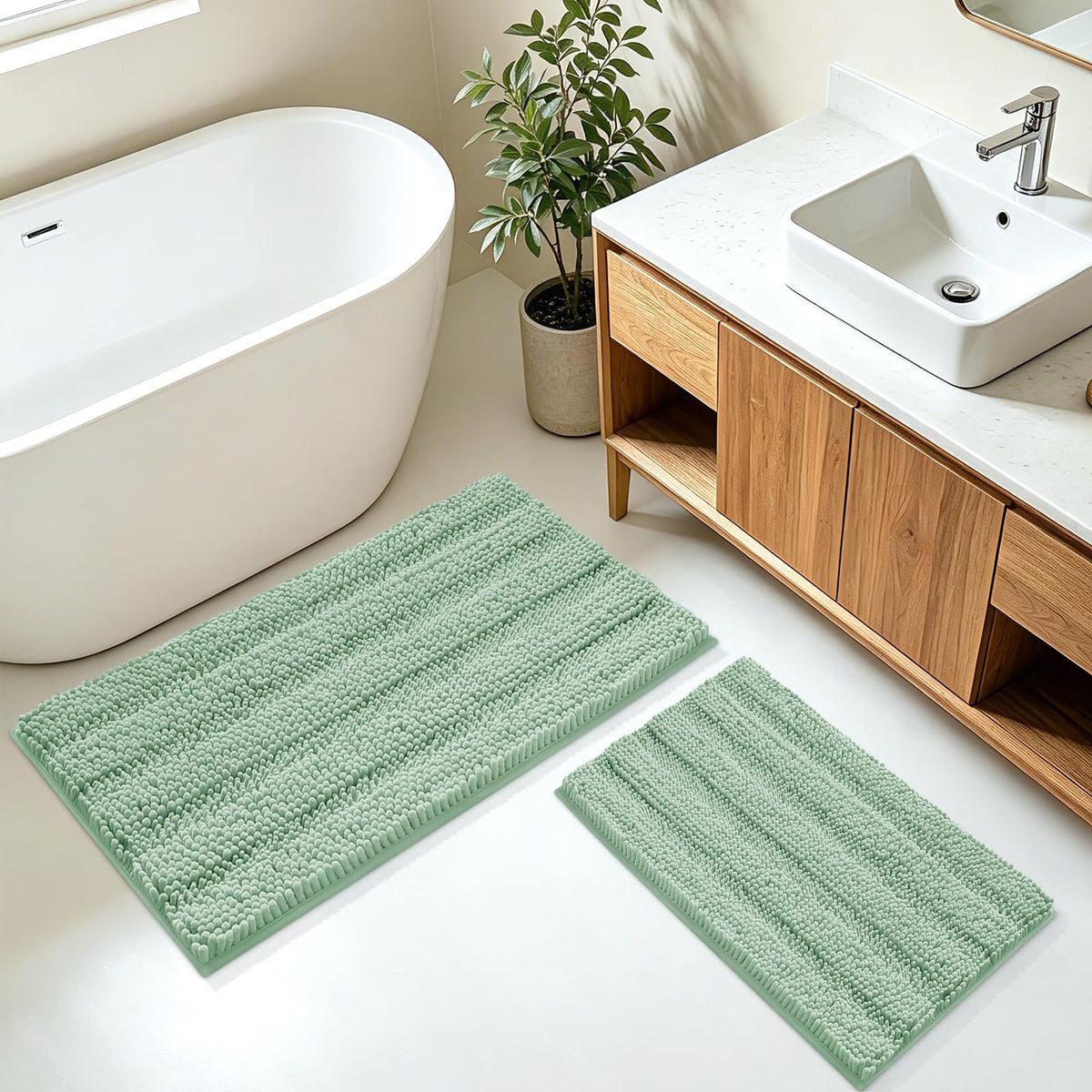 ACCUMTEK Christmas Striped Pink Bathroom Rug Set 3 Pieces Ultra Soft, Non Slip Chenille Toilet Mat, Absorbent Plush Shaggy Bath Mats for Bathroom, Bedroom, Kitchen