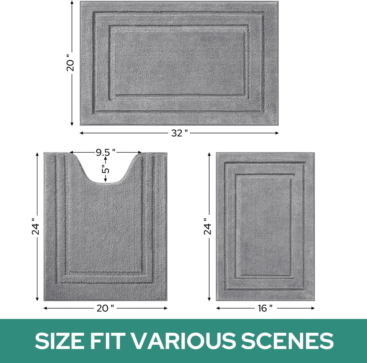 HOMEIDEAS Grey Bathroom Rugs Set of 3, Non Slip Bath Mats