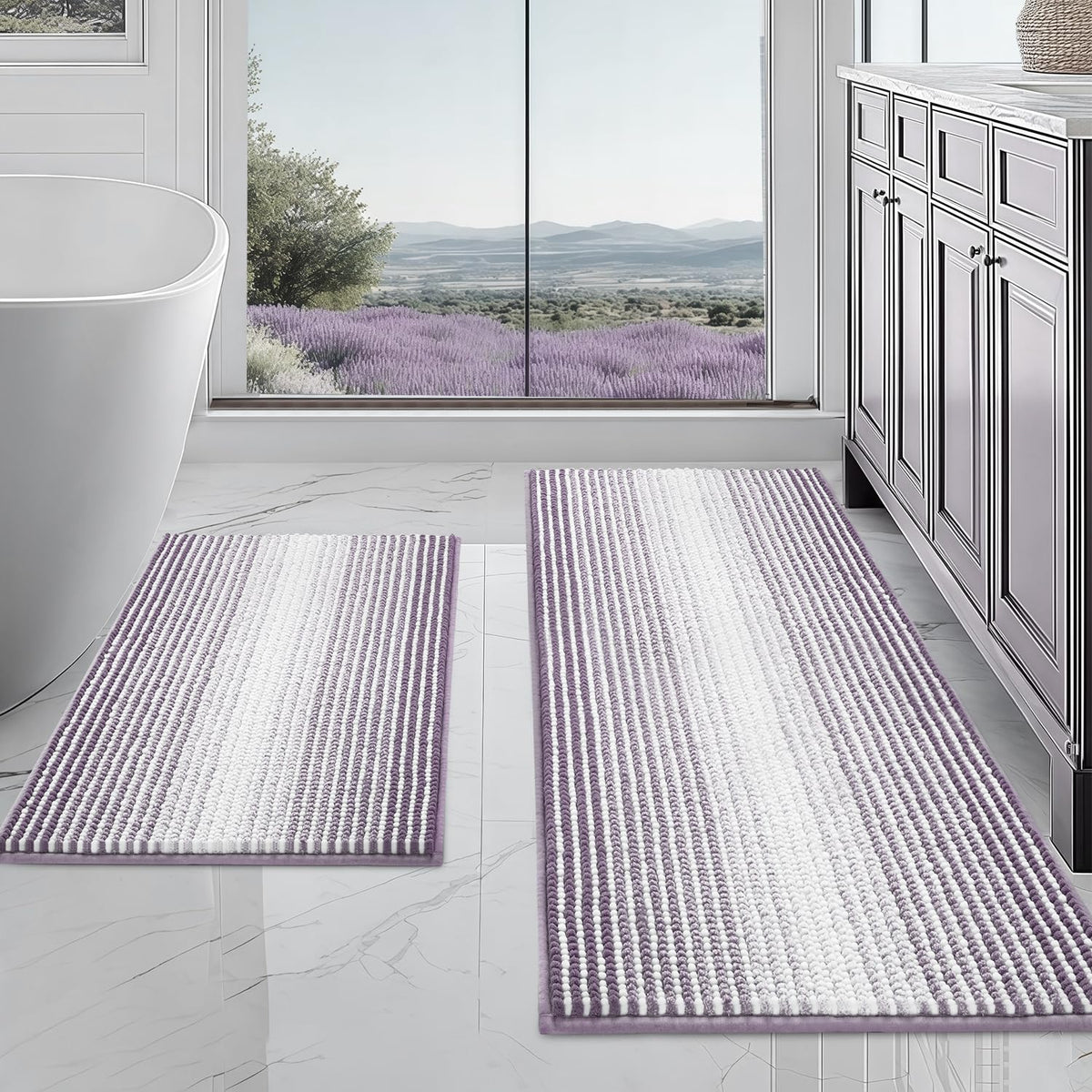 BSICPRO Large Chenille Bathroom Rugs Runner, 20x47 Striped Bath Mats, Beige