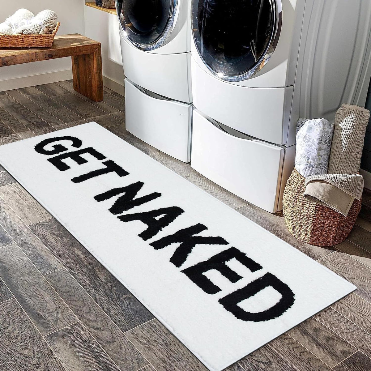 Black Get Naked Bath Mat, Long Runner Mat for Bathroom, Cute Fun Simple Bath Rug, Water Absorbent Non-Slip Microfiber Mat, 18"x47"