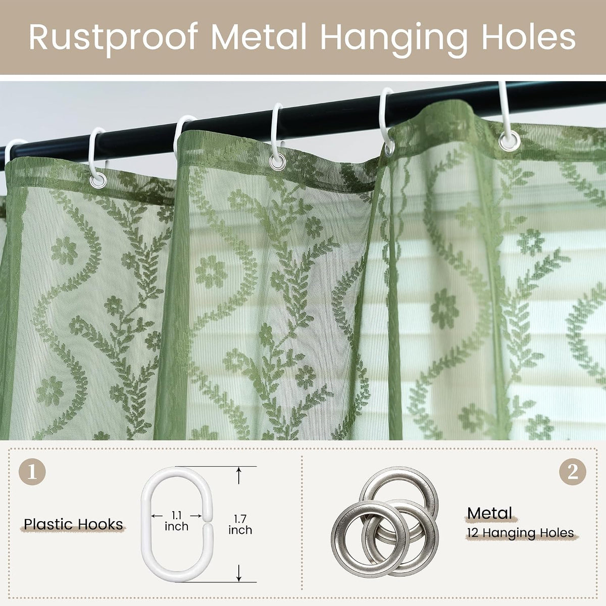 WAZZIO Dark Sage Green Lace Shower Curtain,Boho Chic,72 x 84 in