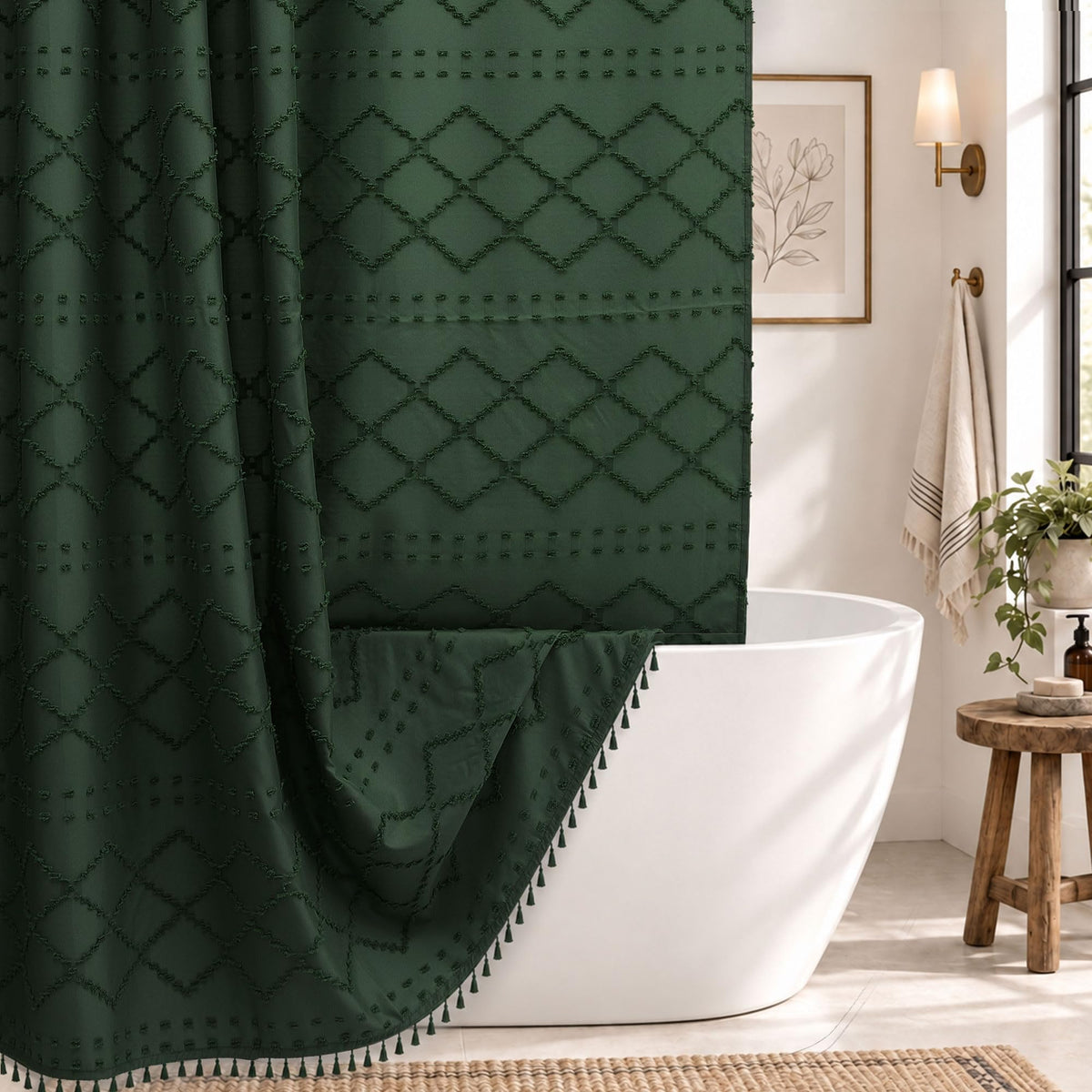 White Boho Shower Curtain Fabric Shower Curtains with Tassel 72 x 72 Modern Textured Shower Curtain Farmhouse Minimalist, Tufted Chevron Striped Shabby Chic, Water Resistant Cloth Curtain for Bathroom