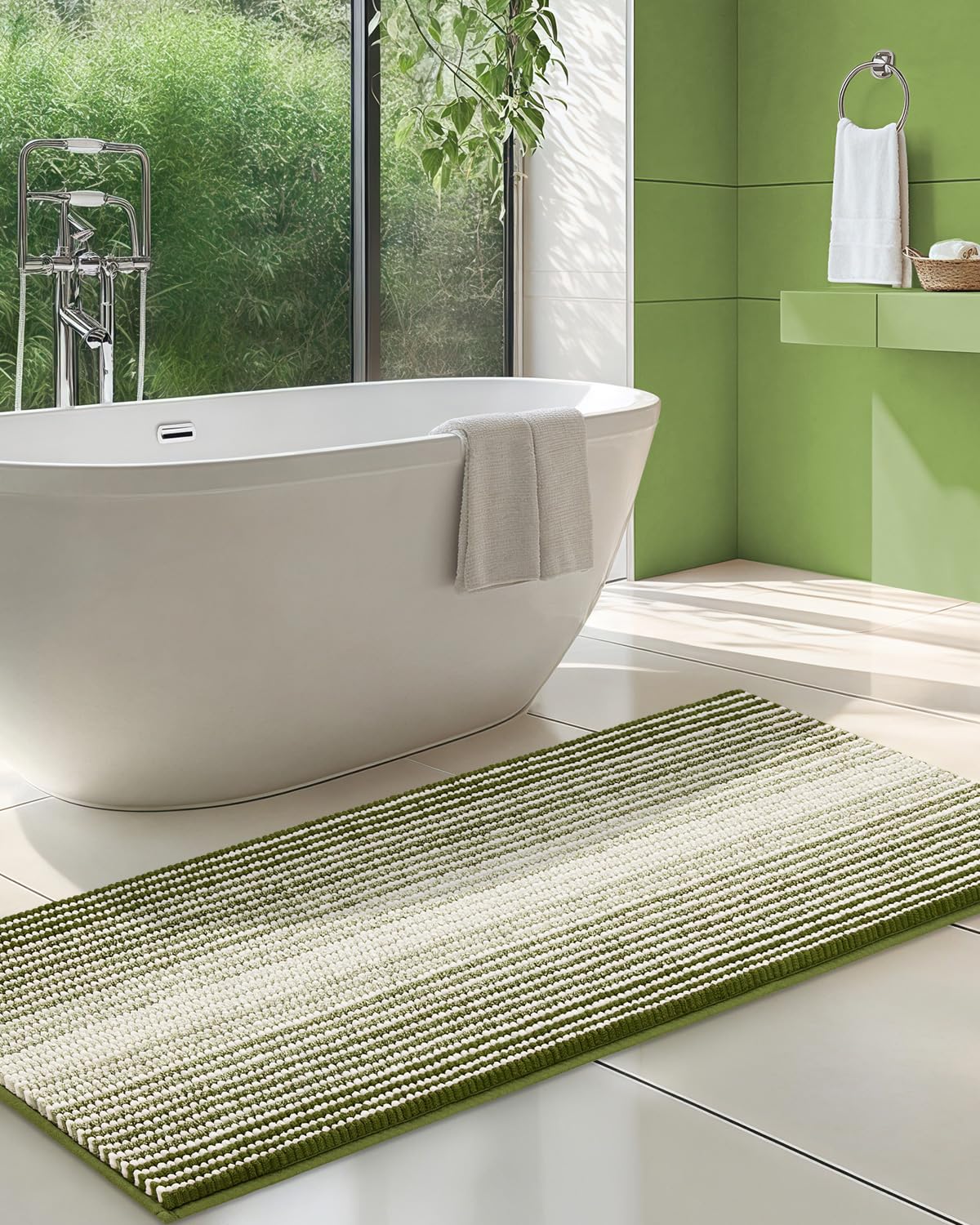 BSICPRO Large Chenille Bathroom Rugs Runner, 20x47 Striped Bath Mats, Beige