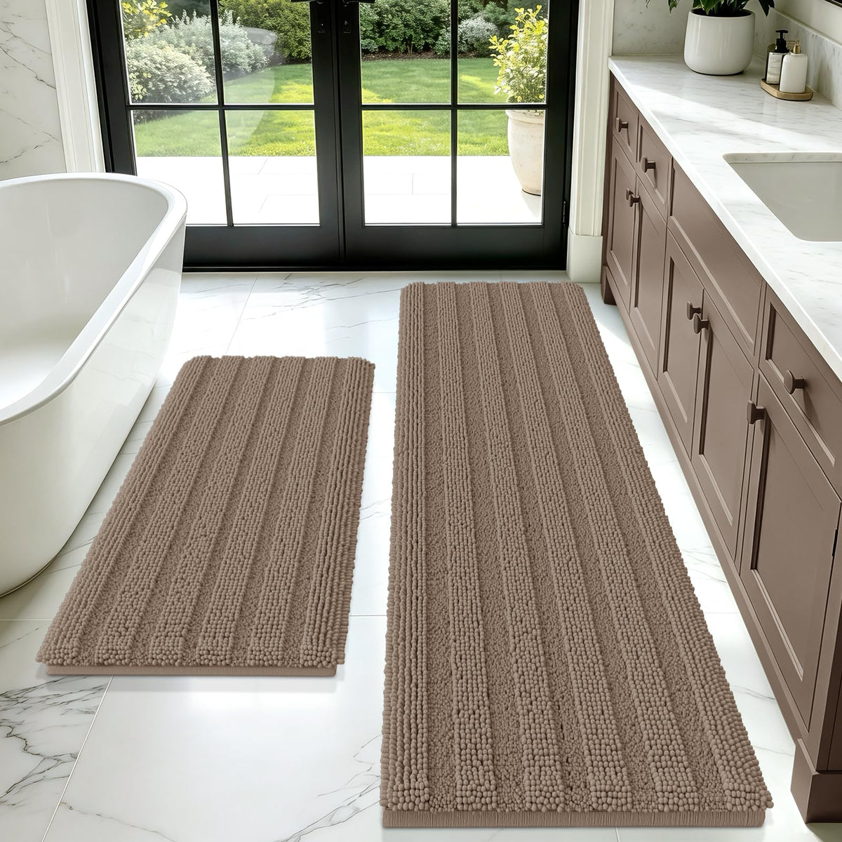 ACCUMTEK Christmas Striped Pink Bathroom Rug Set 3 Pieces Ultra Soft, Non Slip Chenille Toilet Mat, Absorbent Plush Shaggy Bath Mats for Bathroom, Bedroom, Kitchen