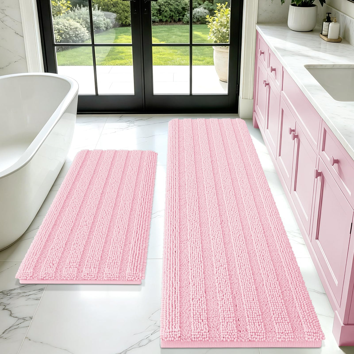 ACCUMTEK Christmas Striped Pink Bathroom Rug Set 3 Pieces Ultra Soft, Non Slip Chenille Toilet Mat, Absorbent Plush Shaggy Bath Mats for Bathroom, Bedroom, Kitchen