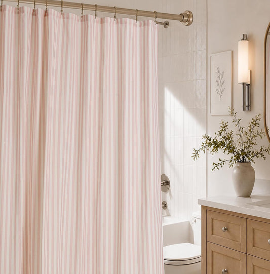 Vintage Pink Striped Fabric Shower Curtain for Bathroom, 72x84 Inches, Rustic Farmhouse Cotton Blend Cloth Shower Curtain, Boho French Country Cottagecore Style, Non-Waterproof Decorative Curtain