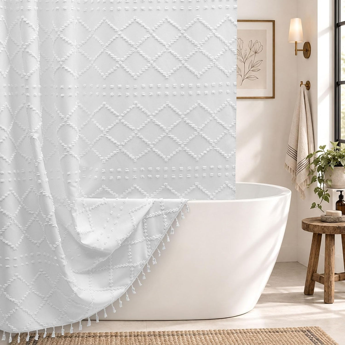 White Boho Shower Curtain Fabric Shower Curtains with Tassel 72 x 72 Modern Textured Shower Curtain Farmhouse Minimalist, Tufted Chevron Striped Shabby Chic, Water Resistant Cloth Curtain for Bathroom