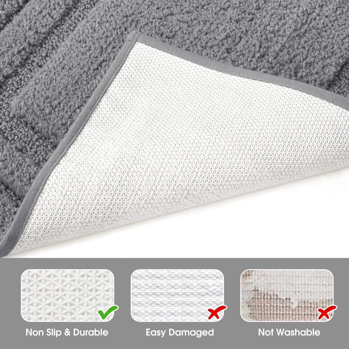 HOMEIDEAS Grey Bathroom Rugs Set of 3, Non Slip Bath Mats