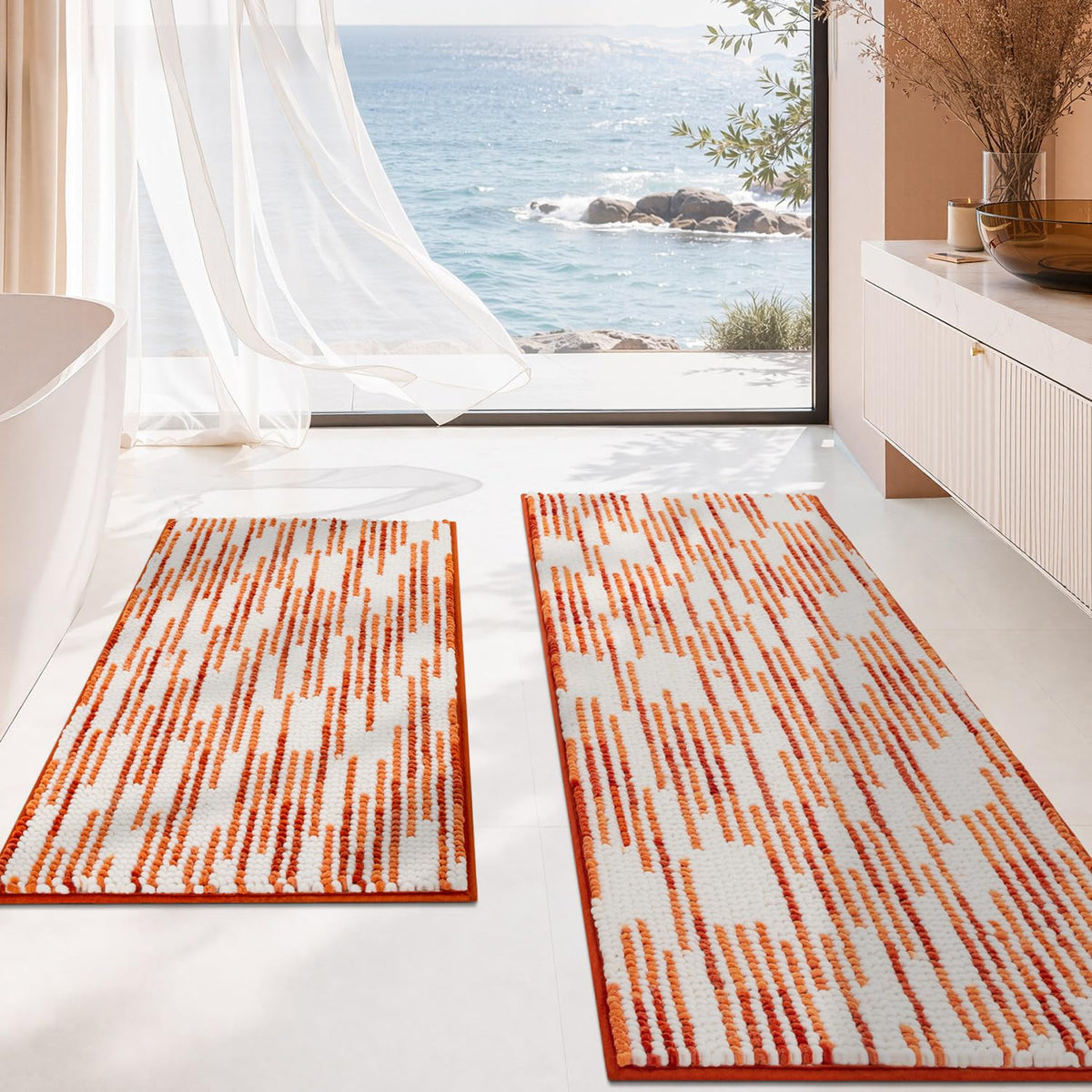 BSICPRO Large Chenille Bathroom Rugs Runner, 20x47 Striped Bath Mats, Beige