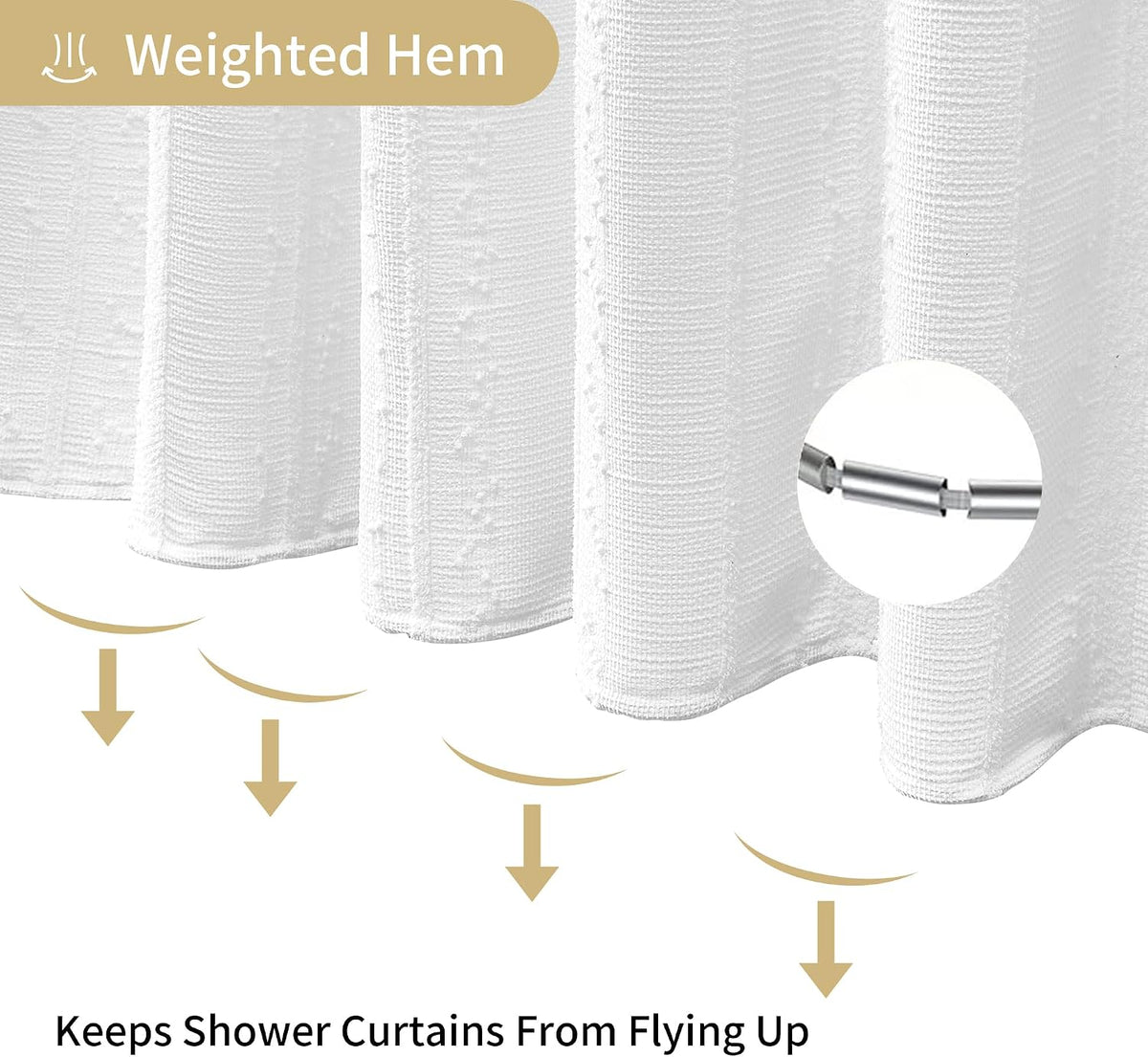 White Shower Curtain Boho, Textured Shower Curtain Cotton Blend Waffle Weave Stripe Fabric Shower Curtains for Bathroom, Hotel, Washable, 72 x 72