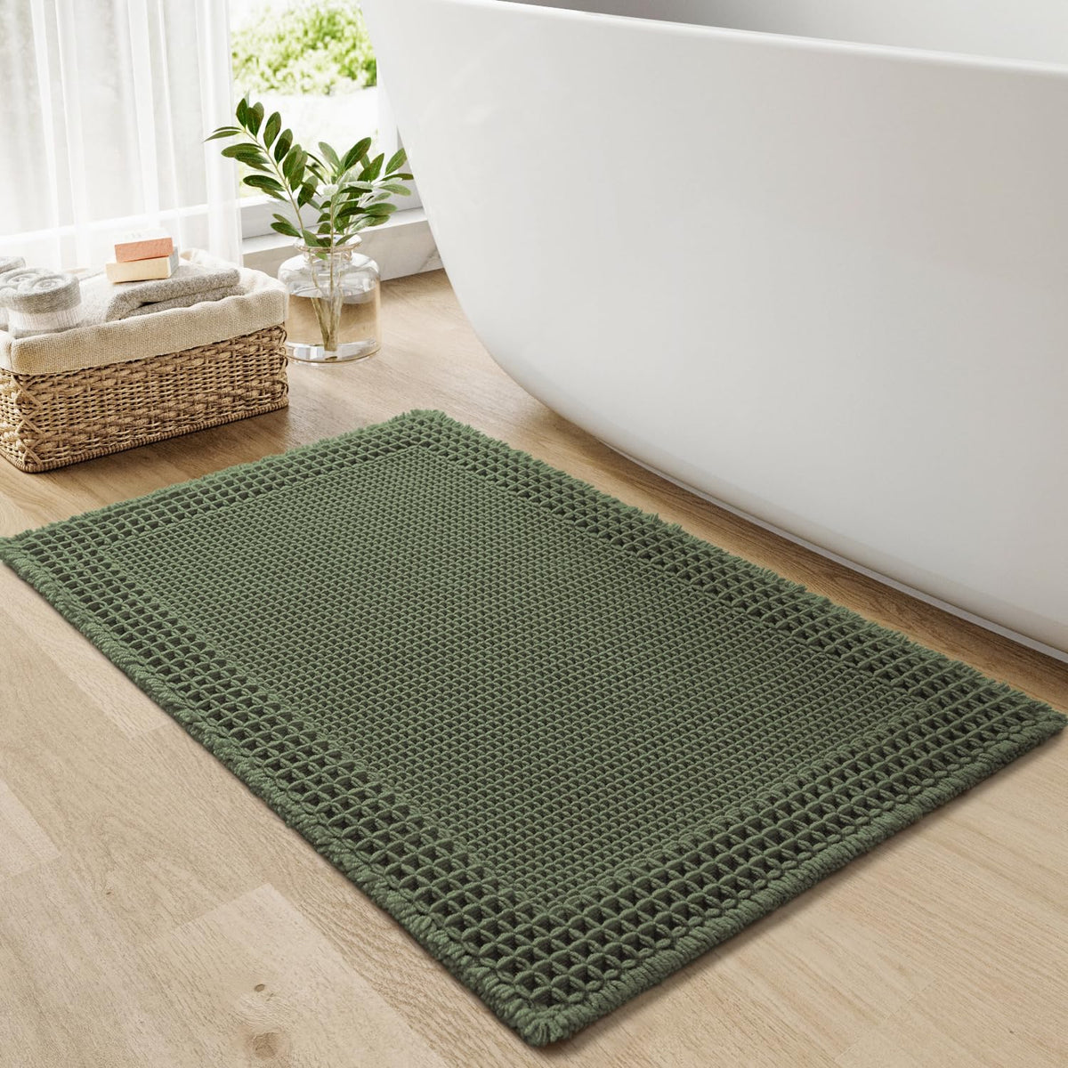 RESARE Waffle Bath Mat for Bathroom, Non Slip Bathroom Rugs 17"x24" Green