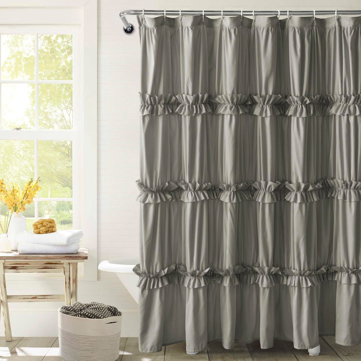 Farmhouse Ruffle Shower Curtain, Black, 72 x 72 in