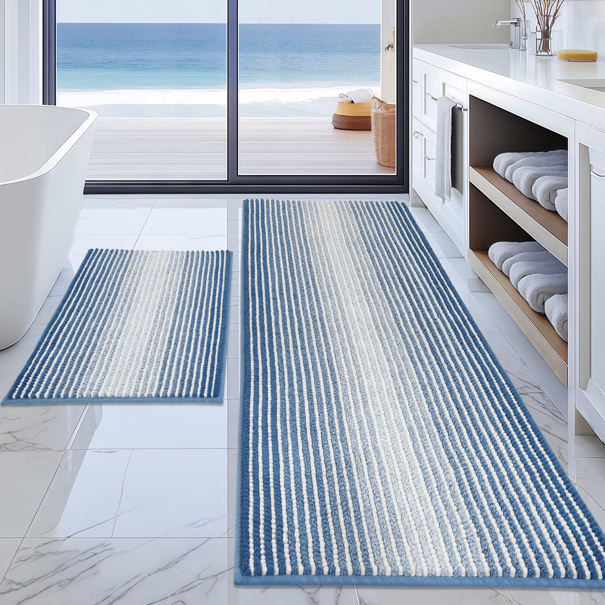 BSICPRO Large Chenille Bathroom Rugs Runner, 20x47 Striped Bath Mats, Beige